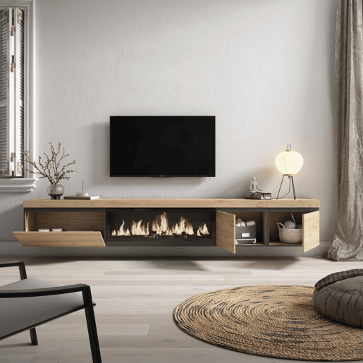 Móvel de TV, Muito espaço de arrumação, 288x35x45cm, TV de grande formato, Lareira eléctrica XXL, Suspensos, Estilo moderno, Carvalho