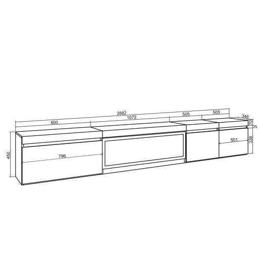 Móvel de TV, Muito espaço de arrumação, 288x35x45cm, TV de grande formato, Lareira eléctrica XXL, Suspensos, Estilo moderno, Carvalho