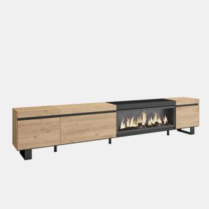 Móvel de TV, Muito espaço de arrumação, 288x35x57cm, TV de grande formato, Lareira eléctrica XXL, Design industrial, Estilo moderno, Carvalho e preto