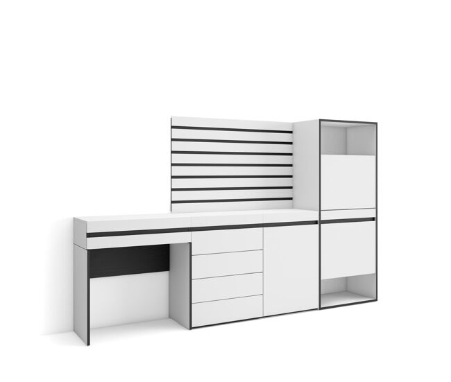 Zapatero, armario zapatos botas, 237x35x145cm, dormitorio, habitación, cómoda, cajonera, listones decorativos, tocador, estilo moderno, blanco