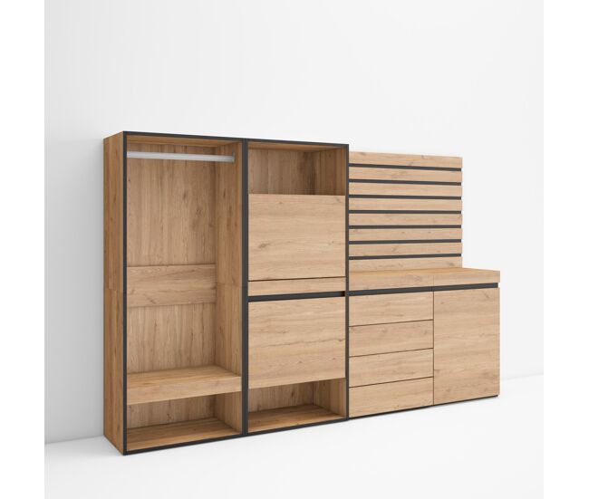 Zapatero, armario zapatos botas, 227x35x145cm, dormitorio, habitación, vestidor abierto, cómoda, cajonera, listones decorativos, estilo moderno, roble