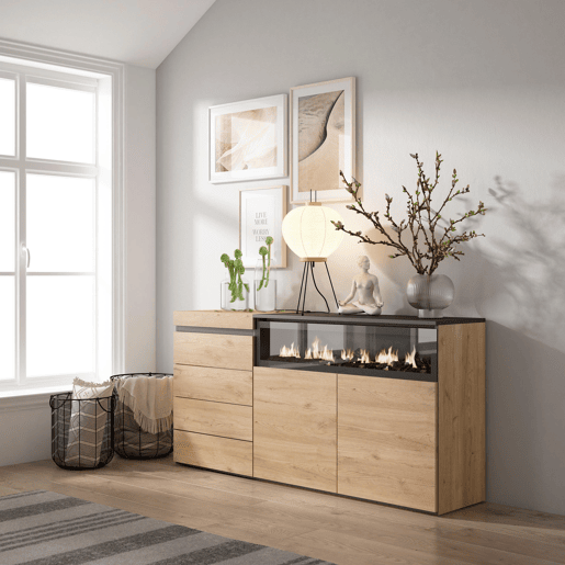 Cómoda, Com Gavetas, Armazenamento, 157x35x75cm, Para quarto, dormitório, Lareira eléctrica, Estilo moderno, Carvalho Cómoda, Com Gavetas, Armazenamento, 157x35x75cm, Para quarto, dormitório, Lareira eléctrica, Estilo moderno, Carvalho