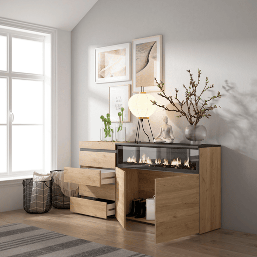 Cómoda, Com Gavetas, Armazenamento, 157x35x75cm, Para quarto, dormitório, Lareira eléctrica, Estilo moderno, Carvalho Cómoda, Com Gavetas, Armazenamento, 157x35x75cm, Para quarto, dormitório, Lareira eléctrica, Estilo moderno, Carvalho