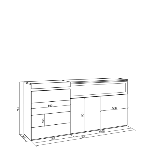 Cómoda, Com Gavetas, Armazenamento, 157x35x75cm, Para quarto, dormitório, Lareira eléctrica, Estilo moderno, Carvalho Cómoda, Com Gavetas, Armazenamento, 157x35x75cm, Para quarto, dormitório, Lareira eléctrica, Estilo moderno, Carvalho