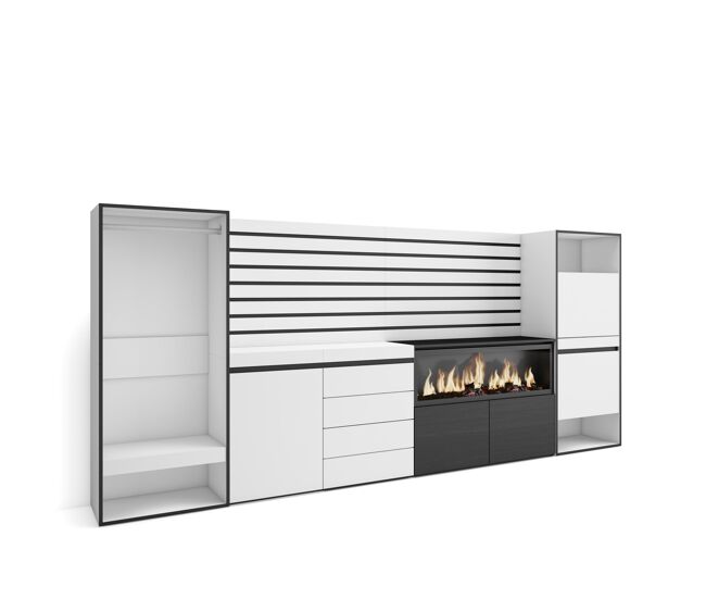 Aparador, con almacenamiento, 334x35x145cm, dormitorio, habitación, chimenea eléctrica xxl, cómoda, cajonera, zapatero, vestidor abierto, blanco