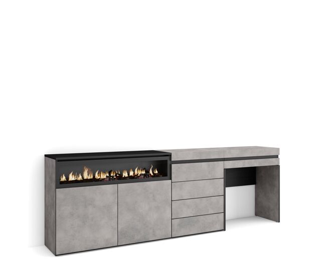 Aparador, con almacenamiento, 227x35x75cm, dormitorio, habitación, chimenea eléctrica, cómoda, cajonera, tocador, estilo moderno, cemento
