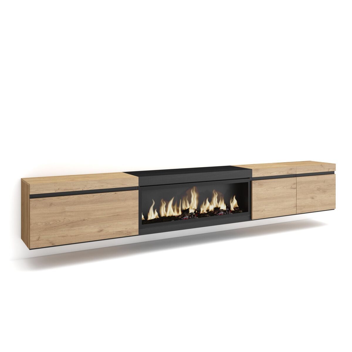 Mueble tv, televisión, muebles de salón, almacenaje, 288x35x45cm, para tv gran formato, chimenea eléctrica xxl, colgado, suspendido, estilo moderno, roble y negro
