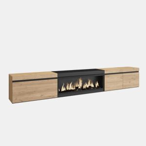 Móvel de TV, Muito espaço de arrumação, 288x35x45cm, TV de grande formato, Lareira eléctrica XXL, Suspensos, Estilo moderno, Carvalho e preto