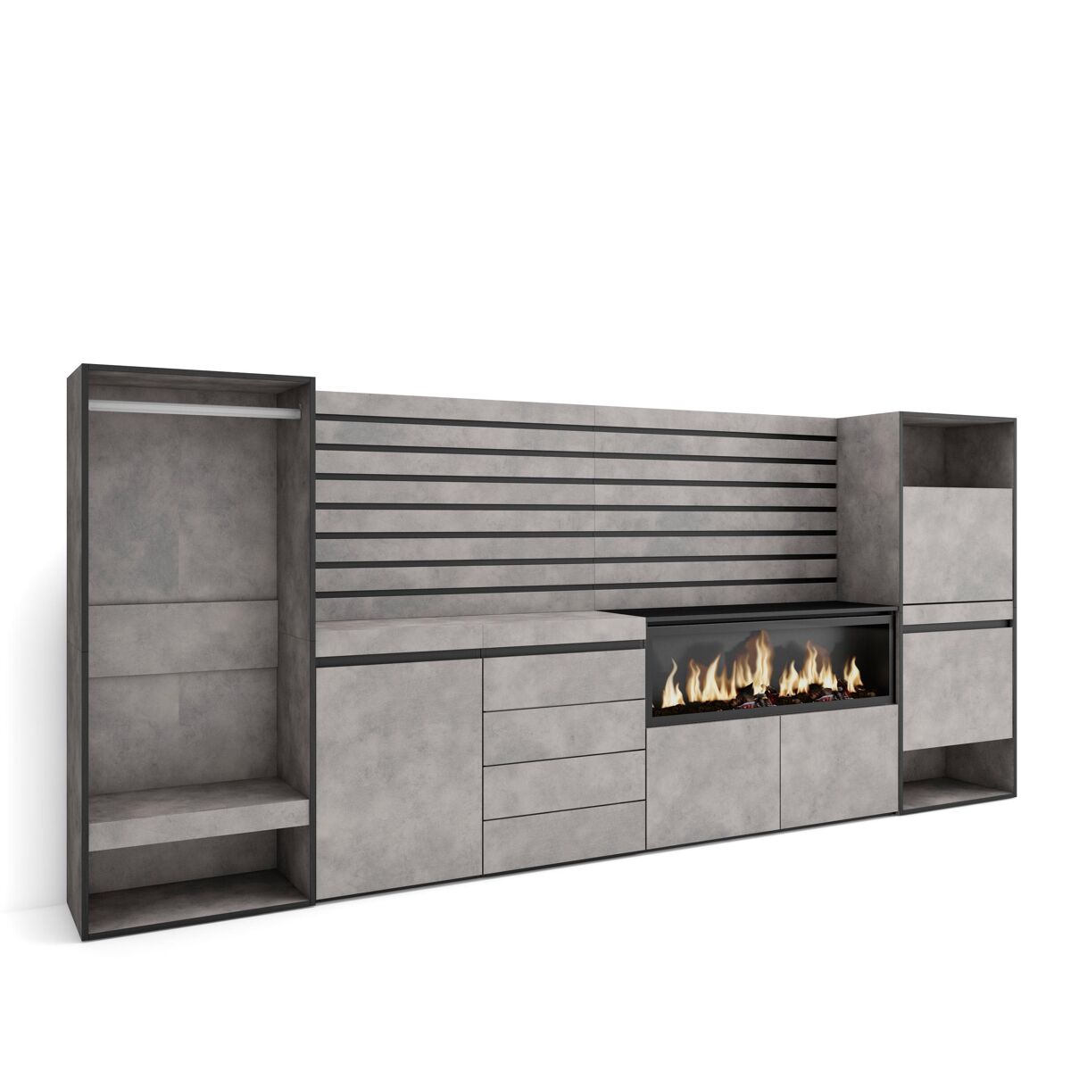 Aparador, con almacenamiento, 334x35x145cm, dormitorio, habitación, chimenea eléctrica xxl, cómoda, cajonera, zapatero, vestidor abierto, cemento