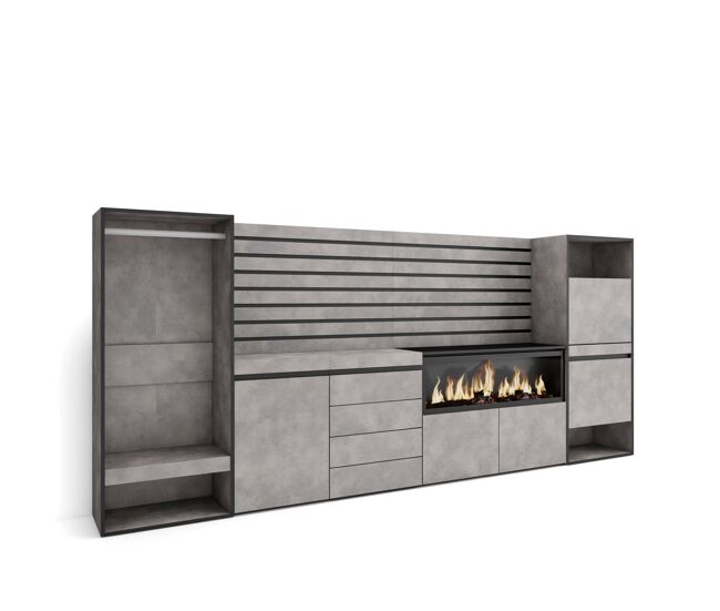 Aparador, con almacenamiento, 334x35x145cm, dormitorio, habitación, chimenea eléctrica xxl, cómoda, cajonera, zapatero, vestidor abierto, cemento