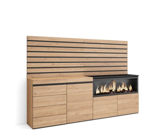 Aparador, con almacenamiento, 214x35x145cm, dormitorio, habitación, chimenea eléctrica xxl, cómoda, cajonera, estilo moderno, roble