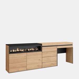 Aparador, Buffet, Amplo Espaço Armazenamento, 227x35x75cm, Para quarto, dormitório, Lareira eléctrica, Cómoda, Toucador, Estilo moderno, Carvalho
