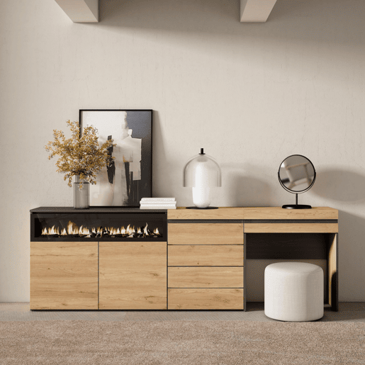 Aparador, Buffet, Amplo Espaço Armazenamento, 227x35x75cm, Para quarto, dormitório, Lareira eléctrica, Cómoda, Toucador, Estilo moderno, Carvalho Aparador, Buffet, Amplo Espaço Armazenamento, 227x35x75cm, Para quarto, dormitório, Lareira eléctrica, Cómoda, Toucador, Estilo moderno, Carvalho