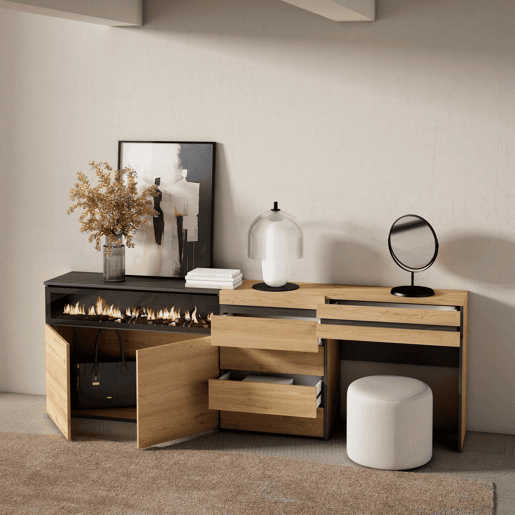 Aparador, Buffet, Amplo Espaço Armazenamento, 227x35x75cm, Para quarto, dormitório, Lareira eléctrica, Cómoda, Toucador, Estilo moderno, Carvalho Aparador, Buffet, Amplo Espaço Armazenamento, 227x35x75cm, Para quarto, dormitório, Lareira eléctrica, Cómoda, Toucador, Estilo moderno, Carvalho