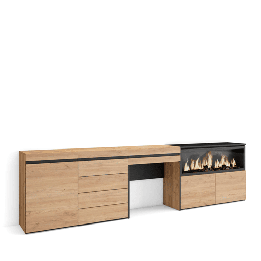 Toucador, Mesa com armazenamento, 284x35x75cm, Com gaveta, Lareira eléctrica XXL, Cómoda, Estilo moderno, Carvalho