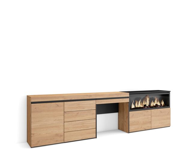 Tocador, dormitorio habitación, 284x35x75cm, con cajón, chimenea eléctrica xxl, cómoda, cajonera, estilo moderno, roble