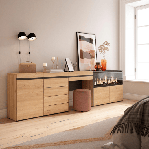 Toucador, Mesa com armazenamento, 284x35x75cm, Com gaveta, Lareira eléctrica XXL, Cómoda, Estilo moderno, Carvalho
