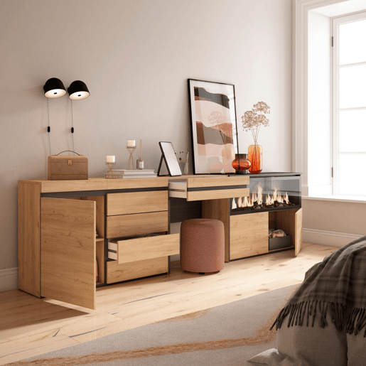 Toucador, Mesa com armazenamento, 284x35x75cm, Com gaveta, Lareira eléctrica XXL, Cómoda, Estilo moderno, Carvalho