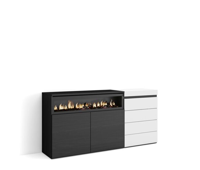 Aparador, con almacenamiento, 157x35x75cm, dormitorio, habitación, chimenea eléctrica, cómoda, cajonera, estilo moderno, blanco