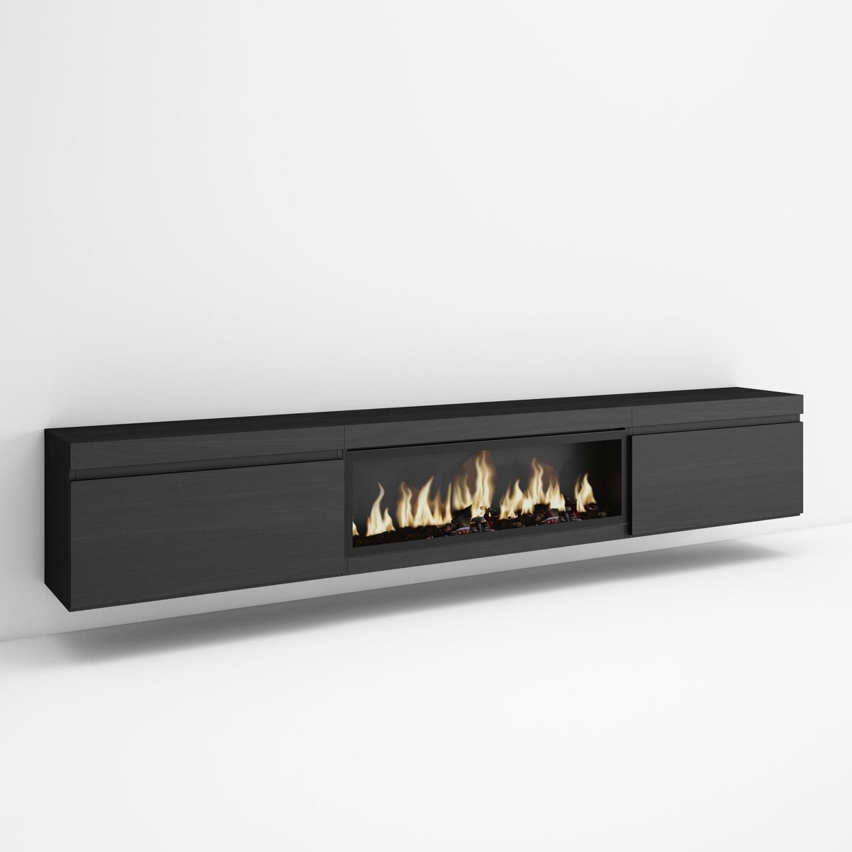 mueble tv television muebles de salon almacenaje 267x35x45cm para tv gran formato chimenea electrica xxl colgado suspendido estilo moderno negro