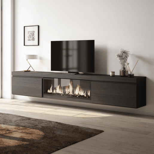 Móvel de TV, Muito espaço de arrumação, 267x35x45cm, TV de grande formato, Lareira eléctrica XXL, Suspensos, Estilo moderno, Preto Móvel de TV, Muito espaço de arrumação, 267x35x45cm, TV de grande formato, Lareira eléctrica XXL, Suspensos, Estilo moderno, Preto