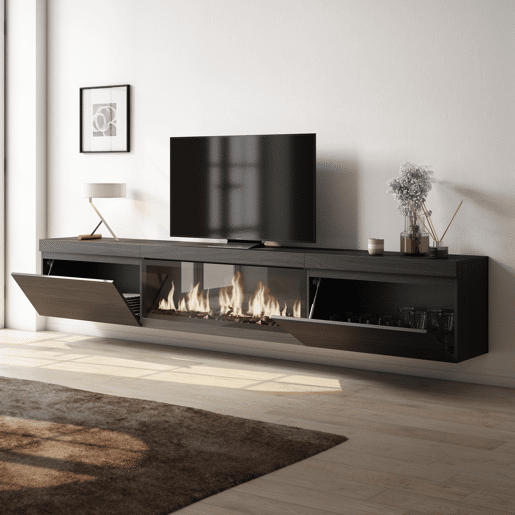 Móvel de TV, Muito espaço de arrumação, 267x35x45cm, TV de grande formato, Lareira eléctrica XXL, Suspensos, Estilo moderno, Preto Móvel de TV, Muito espaço de arrumação, 267x35x45cm, TV de grande formato, Lareira eléctrica XXL, Suspensos, Estilo moderno, Preto