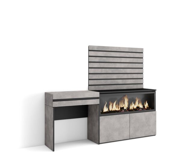 Tocador, dormitorio habitación, 177x35x145cm, con cajón, chimenea eléctrica xxl, listones decorativos, estilo moderno, cemento