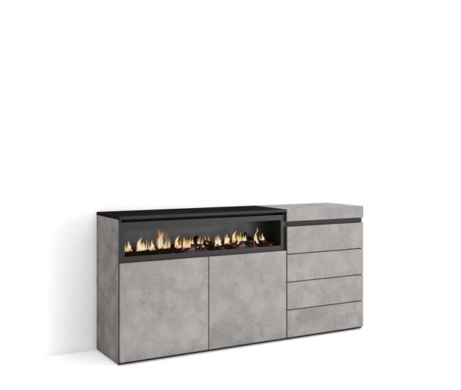 Aparador, con almacenamiento, 157x35x75cm, dormitorio, habitación, chimenea eléctrica, cómoda, cajonera, estilo moderno, cemento