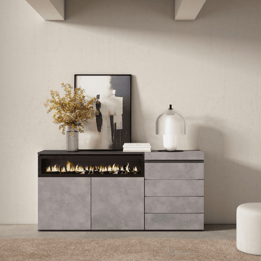 Aparador, Buffet, Amplo Espaço Armazenamento, 157x35x75cm, Para quarto, dormitório, Lareira eléctrica, Cómoda, Estilo moderno, Cimento Aparador, Buffet, Amplo Espaço Armazenamento, 157x35x75cm, Para quarto, dormitório, Lareira eléctrica, Cómoda, Estilo moderno, Cimento