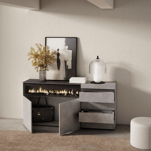 Aparador, Buffet, Amplo Espaço Armazenamento, 157x35x75cm, Para quarto, dormitório, Lareira eléctrica, Cómoda, Estilo moderno, Cimento Aparador, Buffet, Amplo Espaço Armazenamento, 157x35x75cm, Para quarto, dormitório, Lareira eléctrica, Cómoda, Estilo moderno, Cimento