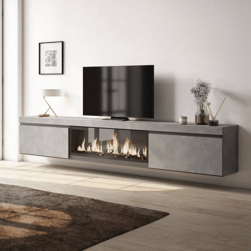 Móvel de TV, Muito espaço de arrumação, 267x35x45cm, TV de grande formato, Lareira eléctrica XXL, Suspensos, Estilo moderno, Cimento Móvel de TV, Muito espaço de arrumação, 267x35x45cm, TV de grande formato, Lareira eléctrica XXL, Suspensos, Estilo moderno, Cimento