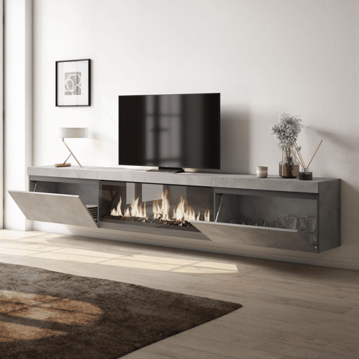 Móvel de TV, Muito espaço de arrumação, 267x35x45cm, TV de grande formato, Lareira eléctrica XXL, Suspensos, Estilo moderno, Cimento Móvel de TV, Muito espaço de arrumação, 267x35x45cm, TV de grande formato, Lareira eléctrica XXL, Suspensos, Estilo moderno, Cimento
