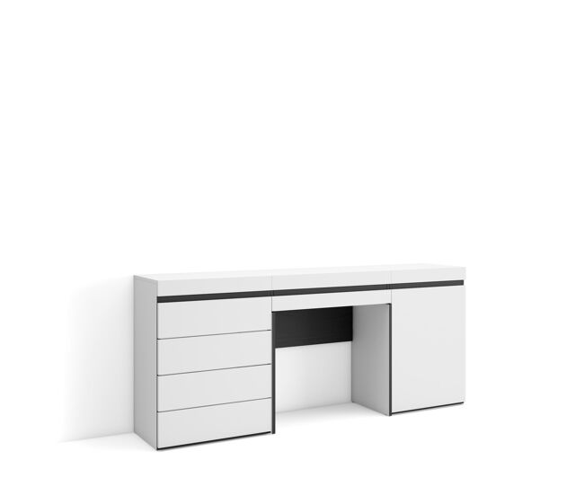 Tocador, dormitorio habitación, 177x35x75cm, con cajón, cómoda, cajonera, estilo moderno, blanco