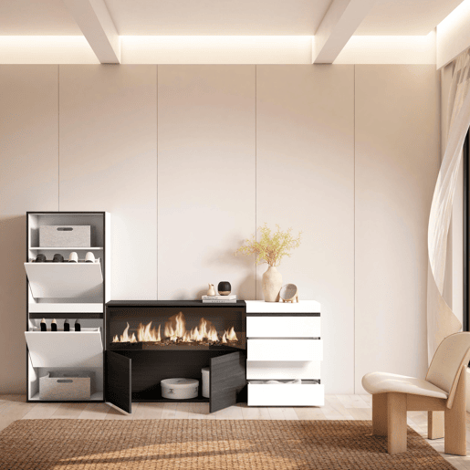 Sapateira, Organização Armazenamento, 224x35x145cm, Para quarto, dormitório, Lareira eléctrica XXL, Cómoda, Estilo moderno, Branco Sapateira, Organização Armazenamento, 224x35x145cm, Para quarto, dormitório, Lareira eléctrica XXL, Cómoda, Estilo moderno, Branco