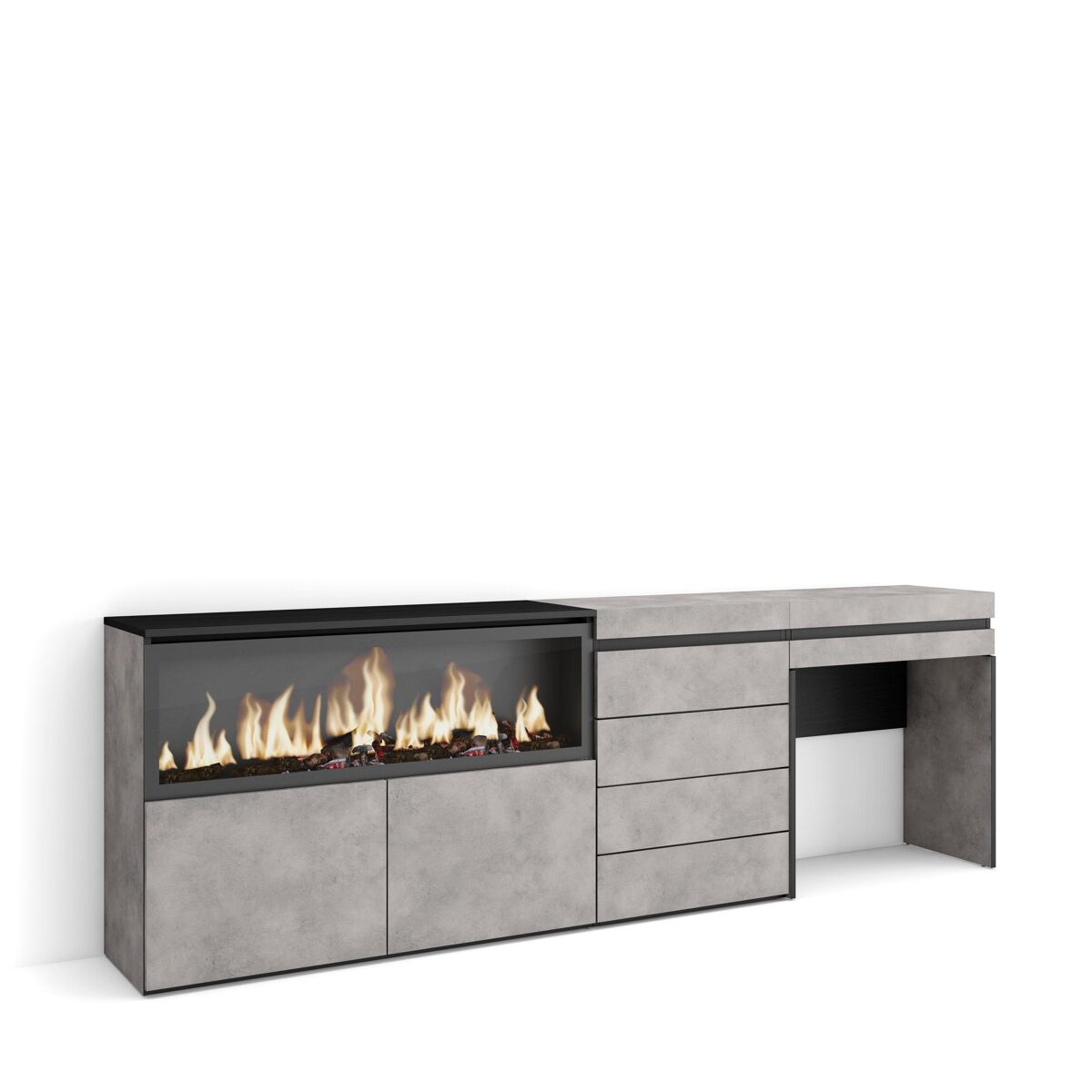 Tocador, dormitorio habitación, 234x35x75cm, con cajón, chimenea eléctrica xxl, cómoda, cajonera, estilo moderno, cemento