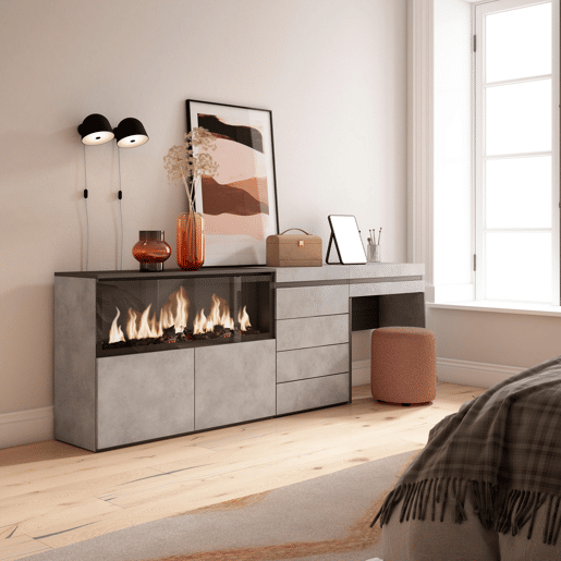 Toucador, Mesa com armazenamento, 234x35x75cm, Com gaveta, Lareira eléctrica XXL, Cómoda, Estilo moderno, Cimento Toucador, Mesa com armazenamento, 234x35x75cm, Com gaveta, Lareira eléctrica XXL, Cómoda, Estilo moderno, Cimento