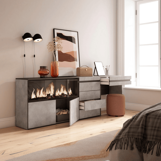 Toucador, Mesa com armazenamento, 234x35x75cm, Com gaveta, Lareira eléctrica XXL, Cómoda, Estilo moderno, Cimento Toucador, Mesa com armazenamento, 234x35x75cm, Com gaveta, Lareira eléctrica XXL, Cómoda, Estilo moderno, Cimento