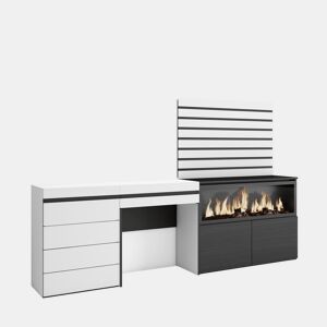 Toucador, Mesa com armazenamento, 234x35x145cm, Com gaveta, Lareira eléctrica XXL, Cómoda, Tiras Deco. Madeira, Estilo moderno, Branco