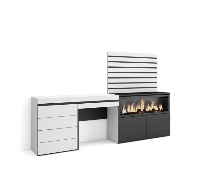 Tocador, dormitorio habitación, 234x35x145cm, con cajón, chimenea eléctrica xxl, cómoda, cajonera, listones decorativos, estilo moderno, blanco
