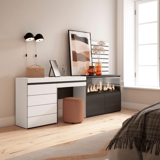 Toucador, Mesa com armazenamento, 234x35x145cm, Com gaveta, Lareira eléctrica XXL, Cómoda, Tiras Deco. Madeira, Estilo moderno, Branco
