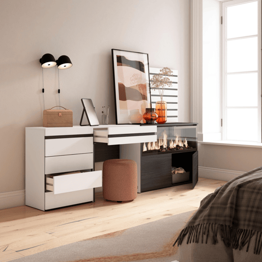 Toucador, Mesa com armazenamento, 234x35x145cm, Com gaveta, Lareira eléctrica XXL, Cómoda, Tiras Deco. Madeira, Estilo moderno, Branco
