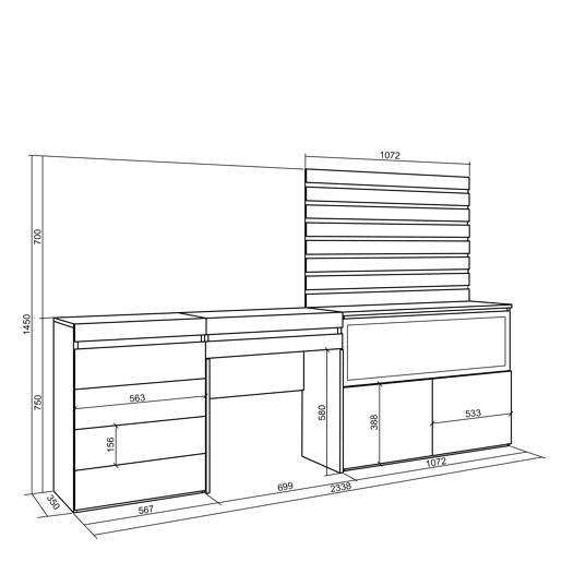 Toucador, Mesa com armazenamento, 234x35x145cm, Com gaveta, Lareira eléctrica XXL, Cómoda, Tiras Deco. Madeira, Estilo moderno, Branco