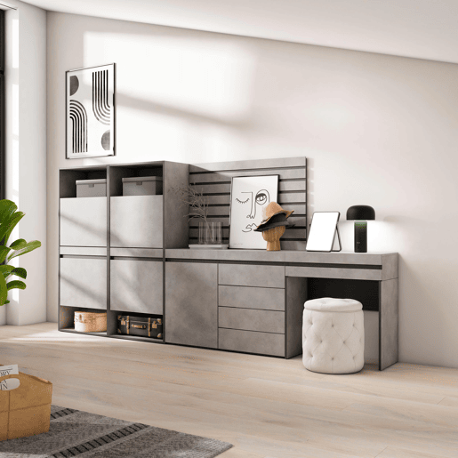 Sapateira, Organização Armazenamento, 297x35x145cm, Para quarto, dormitório, Cómoda, Tiras Deco. Madeira, Toucador, Estilo moderno, Cimento Sapateira, Organização Armazenamento, 297x35x145cm, Para quarto, dormitório, Cómoda, Tiras Deco. Madeira, Toucador, Estilo moderno, Cimento