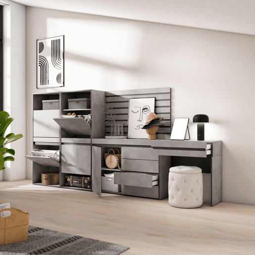 Sapateira, Organização Armazenamento, 297x35x145cm, Para quarto, dormitório, Cómoda, Tiras Deco. Madeira, Toucador, Estilo moderno, Cimento Sapateira, Organização Armazenamento, 297x35x145cm, Para quarto, dormitório, Cómoda, Tiras Deco. Madeira, Toucador, Estilo moderno, Cimento