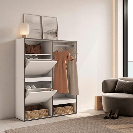 Sapateira, Organização Armazenamento, 120x35x145cm, Para quarto, dormitório, Roupeiro aberto, Estilo moderno, Branco