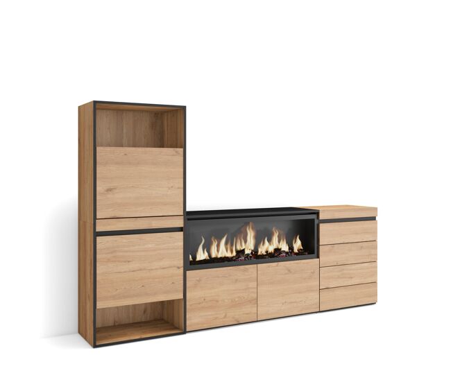 Zapatero, armario zapatos botas, 224x35x145cm, dormitorio, habitación, chimenea eléctrica xxl, cómoda, cajonera, estilo moderno, roble