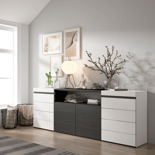 Cómoda, Com Gavetas, Armazenamento, 214x35x75cm, Para quarto, dormitório, Camiseiro, Estilo moderno, Branco e preto Cómoda, Com Gavetas, Armazenamento, 214x35x75cm, Para quarto, dormitório, Camiseiro, Estilo moderno, Branco e preto