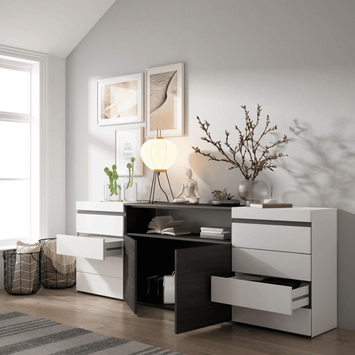 Cómoda, Com Gavetas, Armazenamento, 214x35x75cm, Para quarto, dormitório, Camiseiro, Estilo moderno, Branco e preto Cómoda, Com Gavetas, Armazenamento, 214x35x75cm, Para quarto, dormitório, Camiseiro, Estilo moderno, Branco e preto