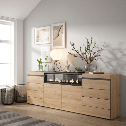 Cómoda, Com Gavetas, Armazenamento, 214x35x75cm, Para quarto, dormitório, Lareira eléctrica, Estilo moderno, Carvalho Cómoda, Com Gavetas, Armazenamento, 214x35x75cm, Para quarto, dormitório, Lareira eléctrica, Estilo moderno, Carvalho