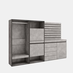 Sapateira, Organização Armazenamento, 227x35x145cm, Para quarto, dormitório, Roupeiro aberto, Cómoda, Tiras Deco. Madeira, Estilo moderno, Cimento